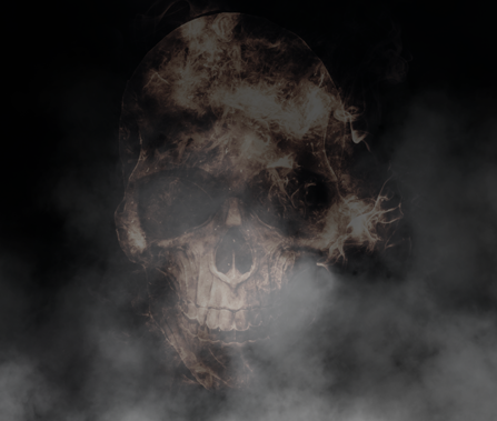 A threatening skull seen through smoke. 
